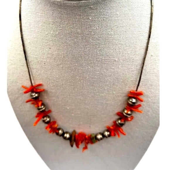 Vintage Orange Coral & Silver Bead Necklace With Turquoise Accents - Picture 3 of 7